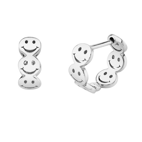 Silver happy Huggies Earrings Smile Face Hoop Jewelry 925 sterling silver - Picture 1 of 2